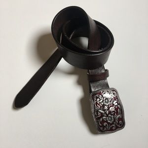 Vintage Boho Italy GAP Floral Enamel Buckle Brown Leather Belt S